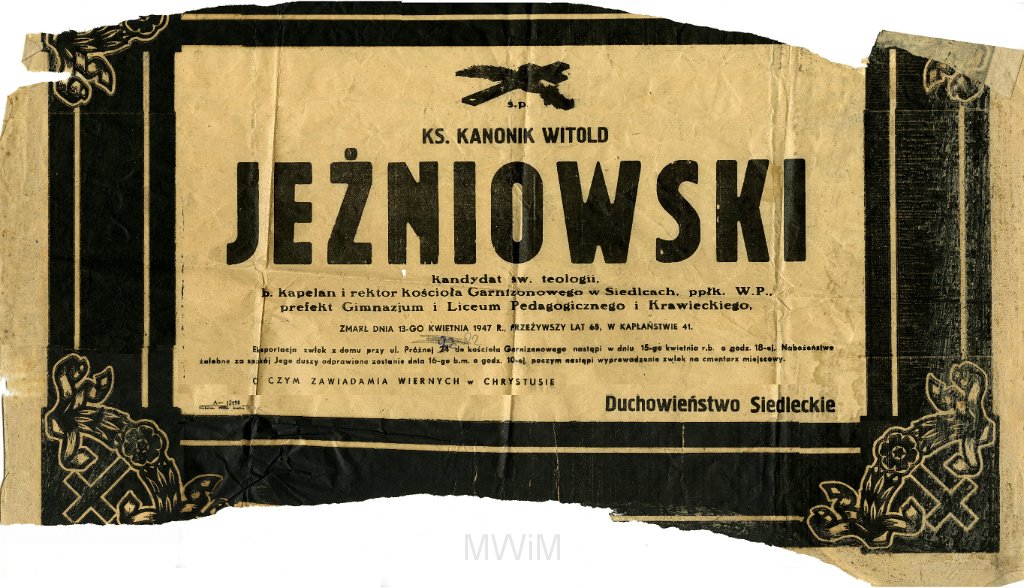 KKE 4596.jpg - Dok. Nekrolog ks. Witold Jeźniowskiego, Siedlce, 13 IV 1947 r.
